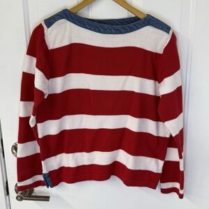 VTG Y2K Liz Claiborne Crazy Horse Red White Stripe Sweater Denim Trim Women Sz L